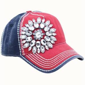 NEW OLIVE & PIQUE patriotic rhinestone flower distressed baseball cap in multico